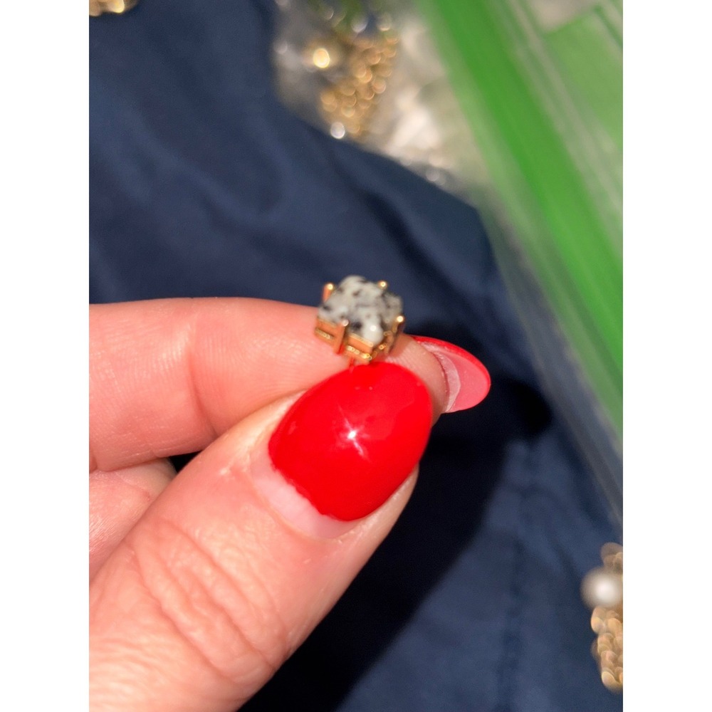 Square Gemstone Stud Earrings Gold Tone Natural Stone Unique Design